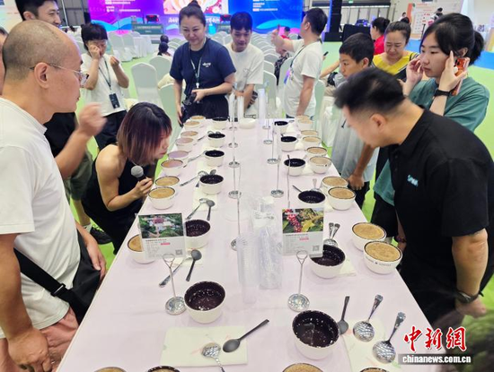 Visitors sample different coffees at the 2026 Hainan International Coffee Expo on Aug. 14, 2026. (Photo: China News Service/Wang Xiaobin)