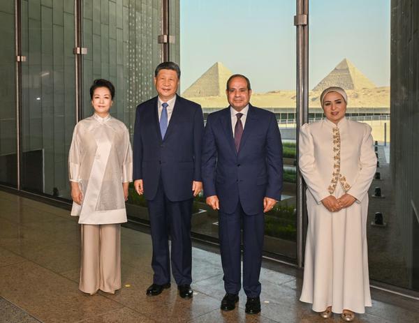 Chinese President Xi Jinping and his wife Peng Liyuan, accompanied by Egyptian President Abdel Fattah El-Sisi and his wife Entissar El-Sisi, tour the Grand Egyptian Museum in Giza, Egypt, Sept. 2, 2026. (Xinhua/Xie Huanchi)