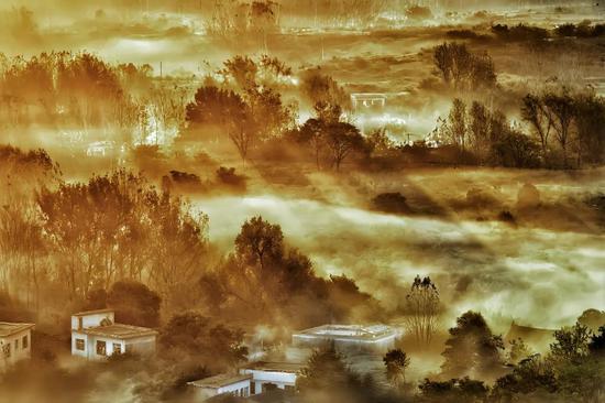 Advection fog creates ink-wash scenery in Henan 