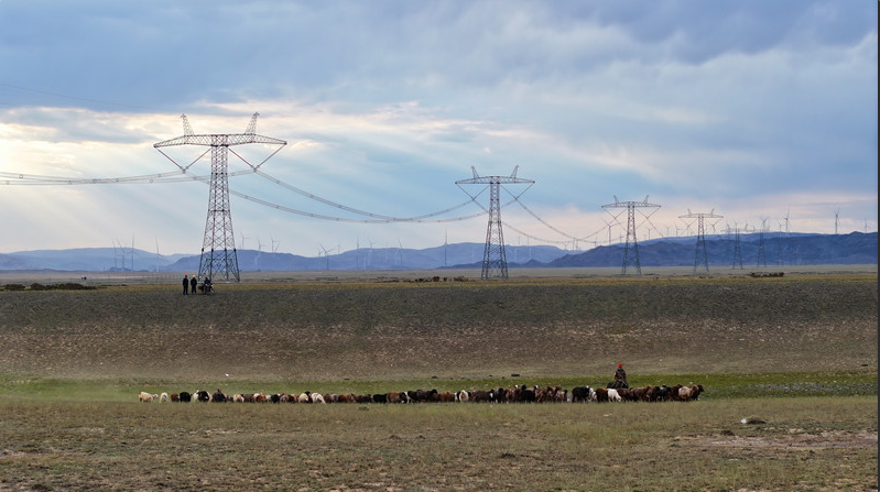 7月6日,在新疆昌吉回族自治州木垒哈萨克自治县大石头乡附近的±1100千伏昌吉-古泉特高压直流输电线路下,新疆送变电公司员工开展线路巡视,成群的羊在草地悠然觅食。张利民 摄 7月6日,在新疆昌吉回族自治州木垒哈萨克自治县大石头乡附近的±1100千伏昌吉-古泉特高压直流输电线路下,新疆送变电公司员工开展线路巡视,成群的羊在草地悠然觅食。张利民 摄