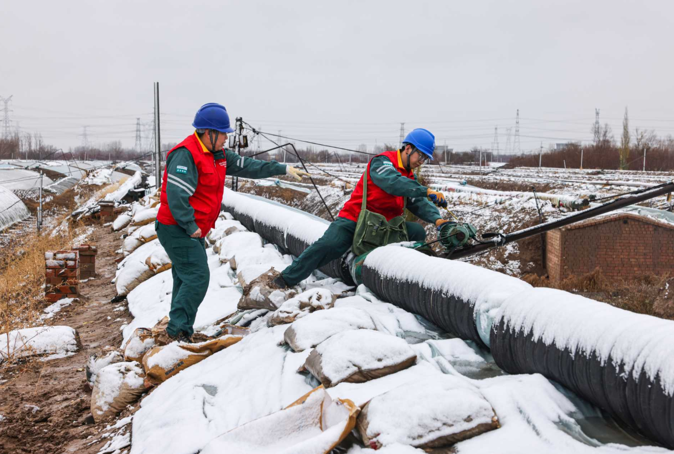 11月6日,昌吉市遭遇降雪天气,国网昌吉供电公司员工来到佃坝镇下土梁村,对供电线路、设备进行巡视,对蔬菜大棚用电及供暖设备进行隐患排查,保障降雪天气客户用电可靠。何玉成 摄 11月6日,昌吉市遭遇降雪天气,国网昌吉供电公司员工来到佃坝镇下土梁村,对供电线路、设备进行巡视,对蔬菜大棚用电及供暖设备进行隐患排查,保障降雪天气客户用电可靠。何玉成 摄