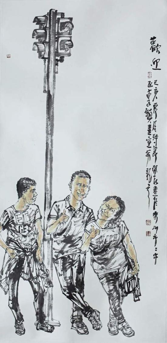 李开能 《欢迎》中国画 136cm×68cm