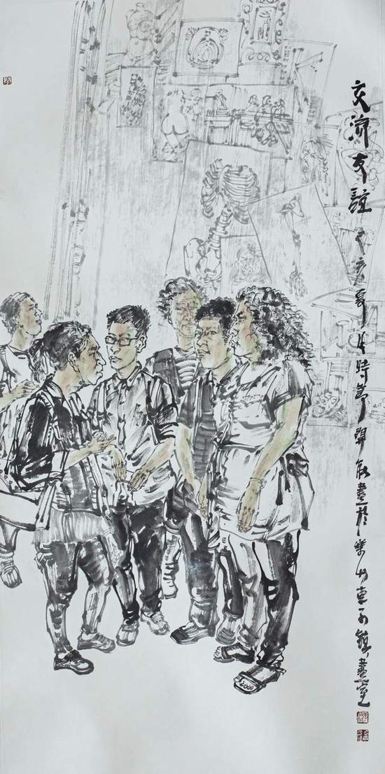 李开能 《交流友谊》中国画 136cm×68cm