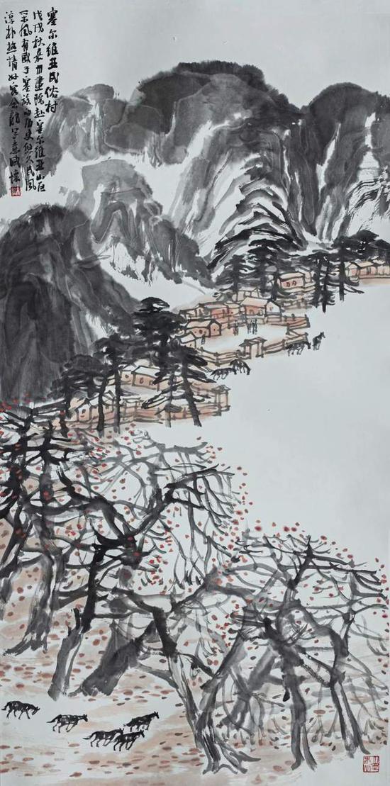 余龙 《塞尔维亚民俗村》中国画 136cm×68cm