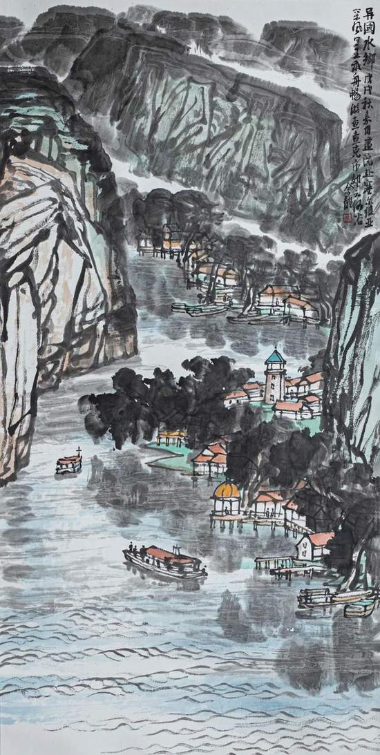 余龍 《異國水鄉》中國畫 136cm×68cm