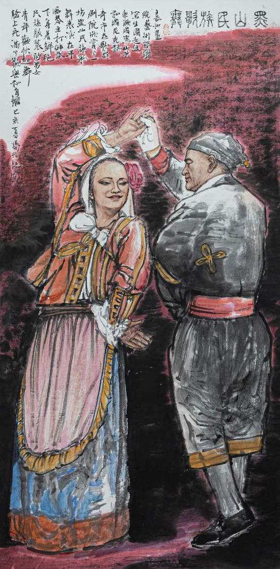 楊循 《黑山民族歌舞》中國畫 136cm×68cm