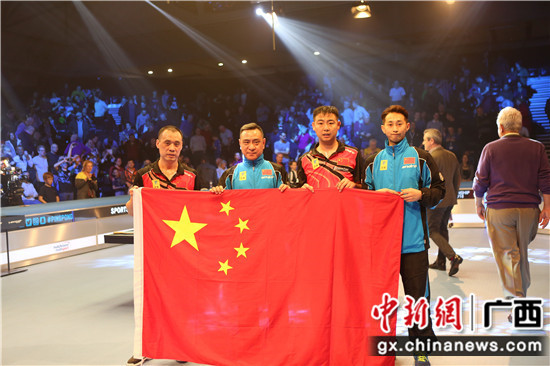 图为中国选手包揽2018年世界砂板乒乓球锦标赛前三名。（从左至右：黄俊刚、肖克永、汪士博、薛亮)