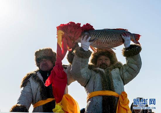 1月21日，本屆冬捕節的“頭魚”被撈出。新華網 茹斯坦攝