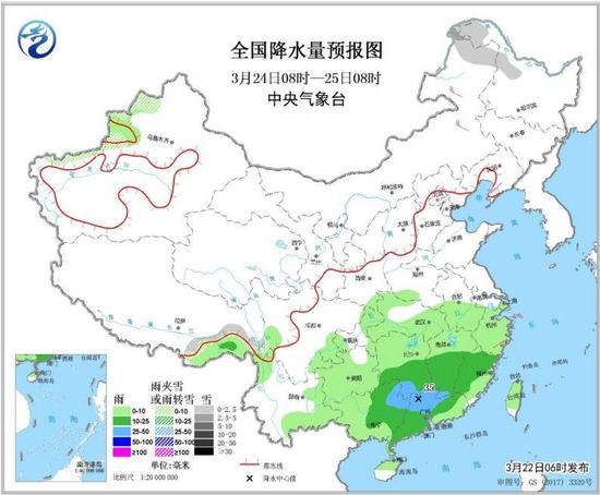 图5 全国降水量预报图(3月24日08时-25日08时) 图5 全国降水量预报图(3月24日08时-25日08时)