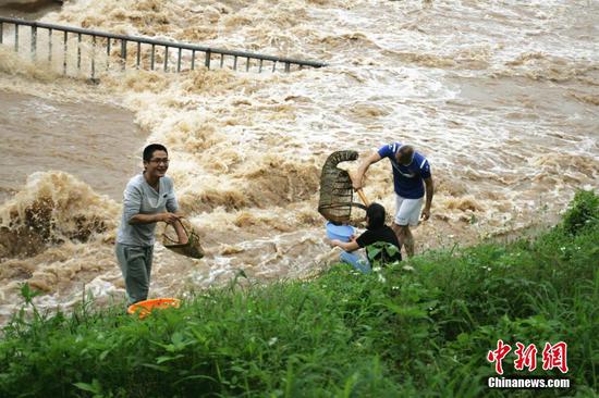 广西雨后河水丰盈 民众喜捞渔获
