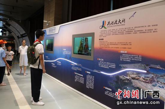 图为学生观看港珠澳大桥建设技术介绍展板。陈秋霞 摄 图为学生观看港珠澳大桥建设技术介绍展板。陈秋霞 摄