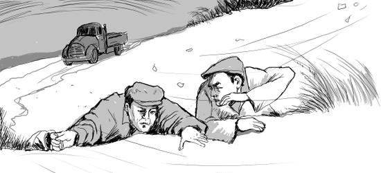 1950年,高劲夫在寻找褐煤的路途上遇到狂风。 阿迪力 绘