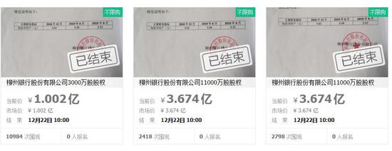 柳州银行股权流拍 来源:淘宝网截图 柳州银行股权流拍 来源:淘宝网截图