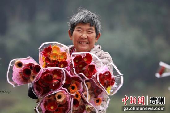 贵州省赤水市宝源乡联奉村村民在展示包装好的鲜花。 王长育 摄 贵州省赤水市宝源乡联奉村村民在展示包装好的鲜花。 王长育 摄