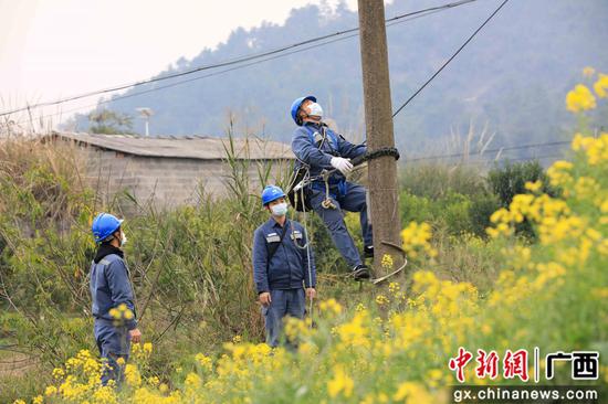 陈晓东（右一）带领同事在排除电力线路故障。谭凯兴 摄