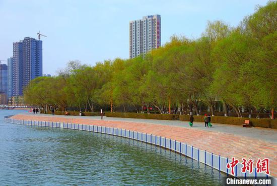 新疆库尔勒:花红柳绿 民众踏春赏景