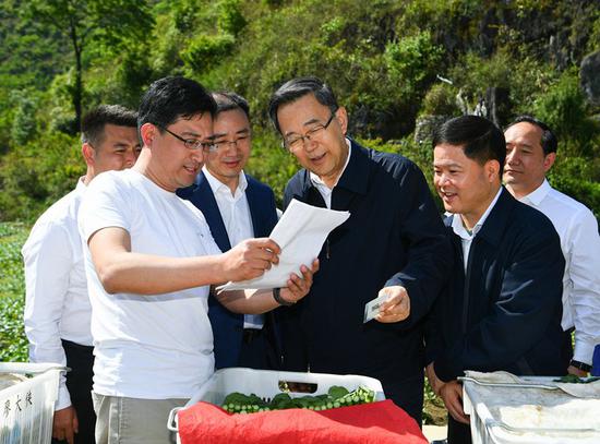 4月28日至30日,省委书记、省人大常委会主任孙志刚赴黔西南州册亨县、望谟县调研督战脱贫攻坚并召开全州视频会议。图为孙志刚在册亨县冗渡镇坛坪村坛坪坝区蔬菜基地考察。 杜朋城 摄 4月28日至30日,省委书记、省人大常委会主任孙志刚赴黔西南州册亨县、望谟县调研督战脱贫攻坚并召开全州视频会议。图为孙志刚在册亨县冗渡镇坛坪村坛坪坝区蔬菜基地考察。 杜朋城 摄