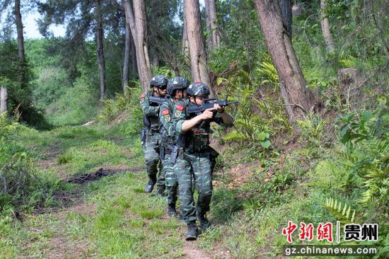 武警贵州总队机动支队特战队员在进行山林地搜捕训练 何林伟 摄 武警贵州总队机动支队特战队员在进行山林地搜捕训练 何林伟 摄