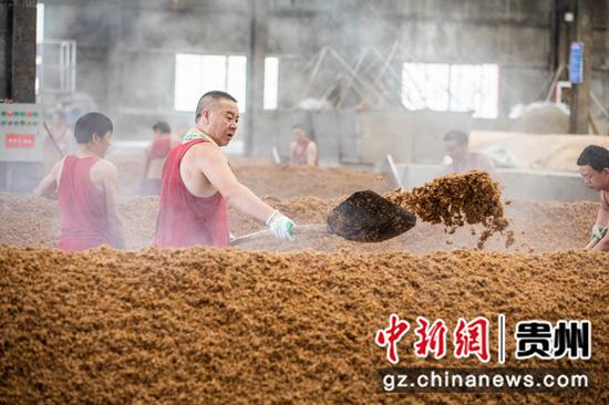 8月9日,工人在贵州省毕节酒厂的制酒车间里劳作。