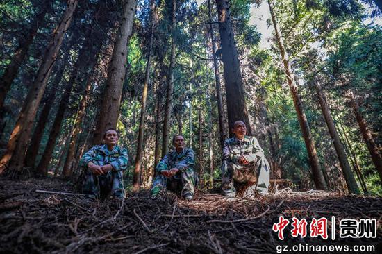 8月10日,张建(左)、张忠(右)、张华(中)在拱拢坪林场护林巡山途中休息。 8月10日,张建(左)、张忠(右)、张华(中)在拱拢坪林场护林巡山途中休息。