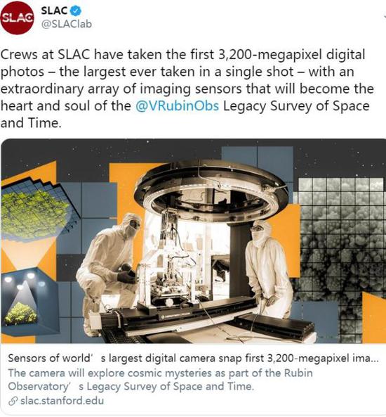 美国能源部斯坦福直线加速器中心(SLAC)国家加速器实验室科学家,拍摄出了首批32亿像素的测试照片。(图片来源:美国能源部斯坦福直线加速器中心社交网站官方账号截图)
