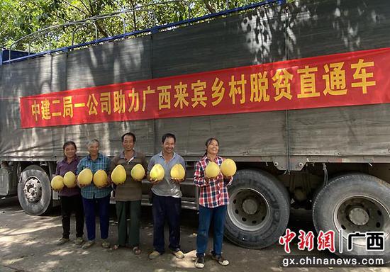 图为农户展示自家种植的柚子，这些柚子将销售给中建二局第一建筑工程有限公司。