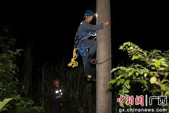 抢修人员蹬杆作业。阳文志 摄 广西北海供电局紧急抢修遭外力破坏供电线路