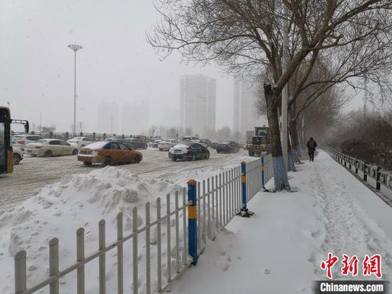 哈尔滨市一单位员工冒雪清雪。 姜辉 摄