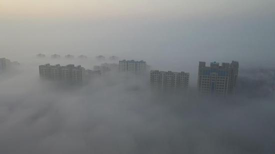 新疆巴州:尉犁今冬首場大霧現奇觀