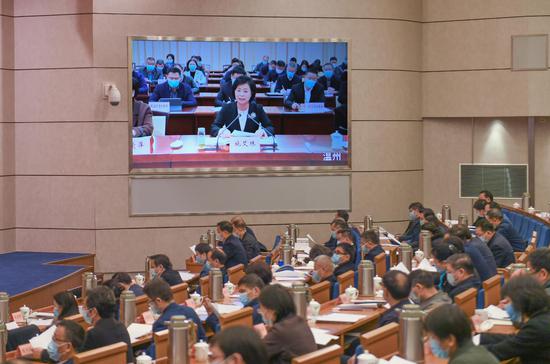 温州市委统战部部长施艾珠通过视频发言。王刚 摄