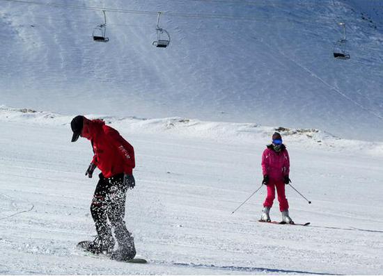 2月17日，游客在新疆裕民县巴尔鲁克雪域之都滑雪场体验滑雪乐趣。