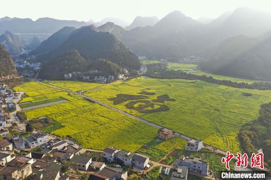 2月23日，航拍贵州万峰林油菜花田内的“福”字景观。　瞿宏伦 摄