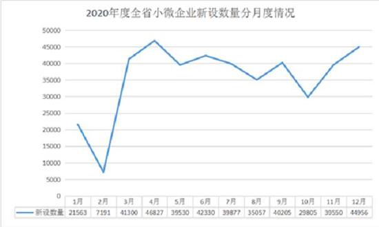 2020年度浙江省小微企业新设数量分月度情况。浙江省市场监管局 供图