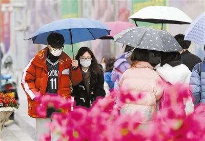 2月28日白天，天津市区下起绵绵细雨。记者 王津摄