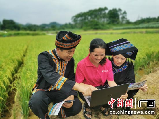 河池环江县中南乡中南村的毛南族村民正在通过中国移动网络了解土特产销售行情。中国移动广西公司供图