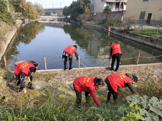 志愿者在河边检查环境卫生。高芸芸 摄