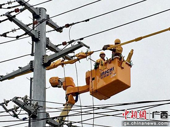 供电工作人员紧急抢修线路。卢卓景 摄