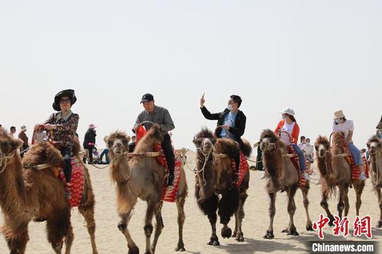 五一假期，游客在沙漠之门景区里骑骆驼。　李桃 摄