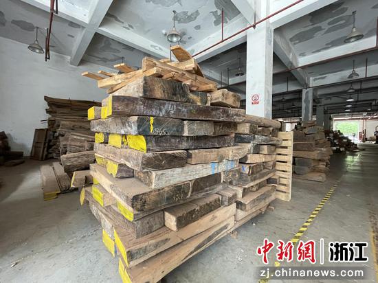 花园村某红木家具厂，进口原木有序堆放。企业负责人介绍，单根木材即可达数万元。  张斌 摄