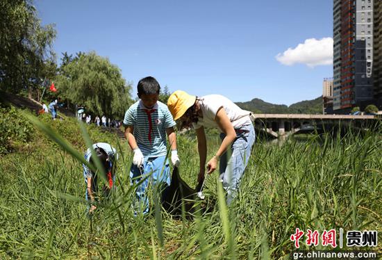 图为贵州省铜仁市江口县第一小学学生在县城区公园清理环境卫生。