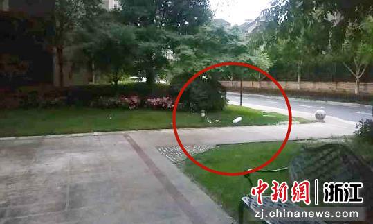 风扇落地位置离小区道路很近。 
 临平检察 供图