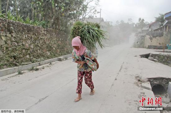 当地时间2021年8月16日，印度尼西亚马格朗，默拉皮火山喷发后火山灰弥漫，地面各处都是火山灰。据地质灾害技术研发中心(BPPTKG)称，当天默拉皮火山喷发了三次。