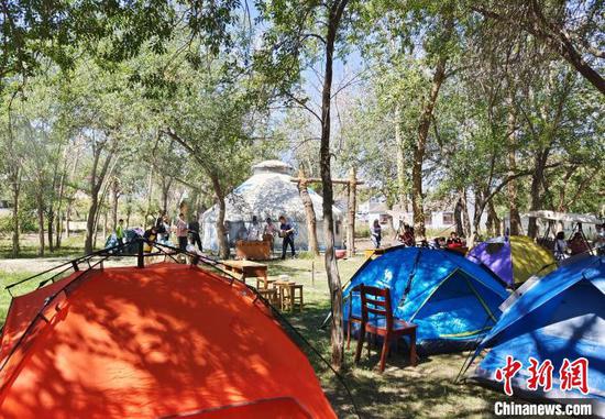 市民们美餐后，在附近的林间架设帐篷休息。　史玉江 摄
