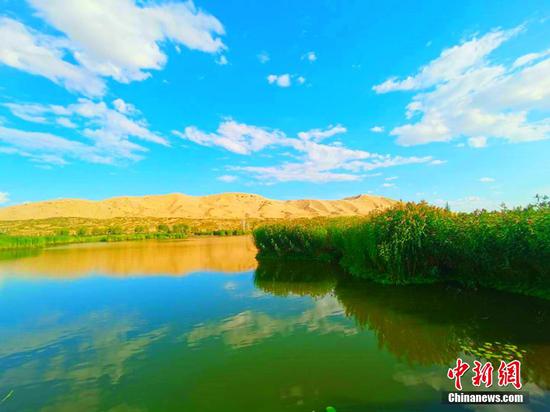 初秋时节，走进新疆生产建设兵团第十师一八五团白沙湖景区，蓝天白云，湖水湛蓝，湖边植被繁茂，外围黄色沙漠连绵起伏，景色美不胜收。除了旖旎的风光，在湖中还可欣赏到当地少见的莲花。白沙湖景区地理位置独特，属于一处被沙漠环绕的宁静湖泊，是新疆兵团首个国家5A级旅游景区。石晓坤 摄