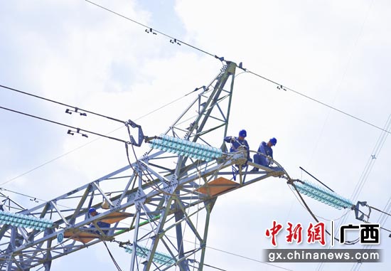 南方电网广西贺州供电局工作人员正在对220千伏贺新Ⅲ线开展线路维护。邓元元 摄