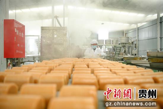 工人在岑巩县食品工业园对蒸熟的灰碱粑进行装盘。