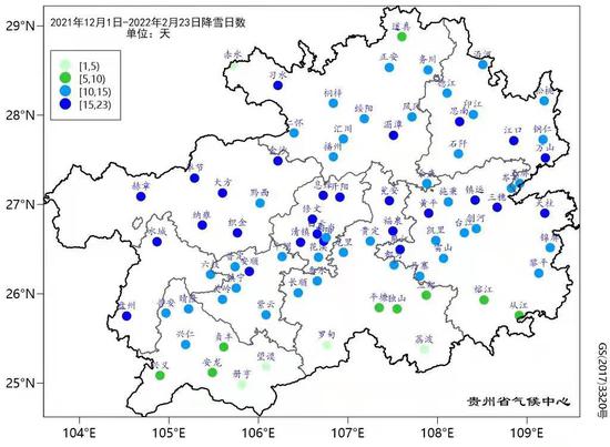 贵州省2021-2022年冬季降雪日数分布图
