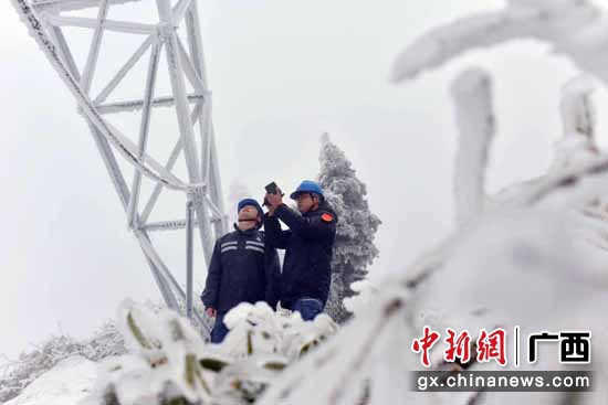 南方电网广西桂林供电局对资源县内110千伏中两线开展直流融冰。党员突击队到现场巡视观冰。李忠波 摄