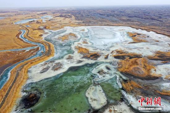 3月12日，无人机航拍新疆博尔塔拉蒙古自治州境内艾比湖湿地自然保护区。时值三月中旬，湿地内积雪已经融化，积冰依然存在，茂盛的芦苇保持着金黄色的彩色。艾比湖现长约35公里，宽约18公里，是准噶尔盆地西部的最低洼地和水盐汇集中心，艾比湖是准噶尔盆地最大的湖泊，也是新疆第一大咸水湖。中新社发 胡维斌 摄 图片来源：CNSphoto