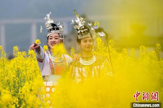 贵州从江县油菜花田，穿着民族服饰的姑娘在拍照。　吴德军 摄